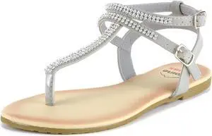 Alpine Swiss Womens Rhinestone T-Strap Sandals Ankle Strap Flat Summer Shoes