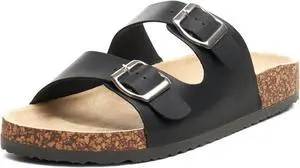 Alpine Swiss Womens Double Strap Contour Sandals Slip on Buckle Slides Vegan Leather Footbed Sandal Ergonomic Cork-Inspired Sole Summer Footwear