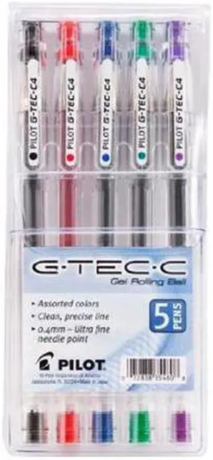 Pilot G-Tec-C4 Gel Rolling Ball Pen, Ultra Fine Point 0.4 mm, Assorted, 5/Pack