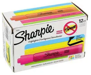 SHARPIE 25053 Smear Guard Highlighter Set, Chisel Tip Fluorescent Colors PK12