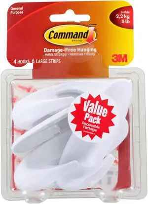 Command Designer Large Plastic Hook, White, Pack of 4 (17083VP)