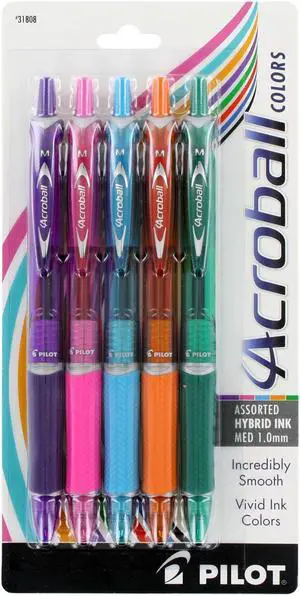 Pilot Acroball Colors Retractable Advanced Ink Ball Point Pens, Medium Point, Assorted, Pack of 5