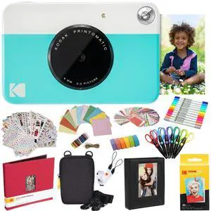 Kodak Printomatic Instant Camera (Blue) All-In-Bundle + Zink Paper (20 Sheets) + Deluxe Case + Photo Album + 7 Unique Sticker Sets + Markers + Scissors + Border Stickers and So Much More