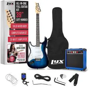 LyxPro Left Hand 39 Inch Electric Guitar and Starter Kit for Lefty Full Size Beginners Guitar, Amp, Six Strings, Two Picks, Shoulder Strap, Digital Clip On Tuner, Cable and Soft Case - Blue
