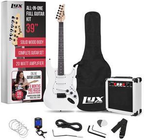 LyxPro 39 inch Electric Guitar Kit Bundle with 20w Amplifier, All Accessories, Digital Clip On Tuner, Six Strings, Two Picks, Tremolo Bar, Shoulder Strap, Case Bag Starter kit Full Size - White
