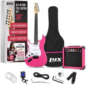 LyxPro Left Hand 39 Inch Electric Guitar and Starter Kit for Lefty Full Size Beginners Guitar, Amp, Six Strings, Two Picks, Shoulder Strap, Digital Clip On Tuner, Cable and Soft Case - Pink