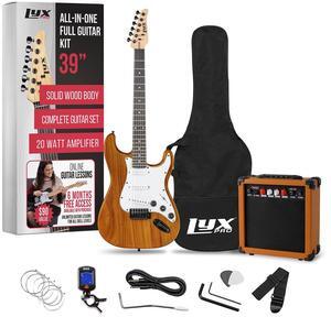 LyxPro 39 inch Electric Guitar Kit Bundle with 20w Amplifier, All Accessories, Digital Clip On Tuner, Six Strings, Two Picks, Tremolo Bar, Shoulder Strap, Case Bag Starter kit Full Size - mahogany