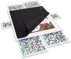 Jumbl 1500-Piece Puzzle Board w/ Cover | 27 x 35 Jigsaw Puzzle Table w/ 6 Removable Storage & Sorting Drawers | Smooth Plateau Fiberboard Work Surface & Reinforced Hardwood | for Games & Puzzles