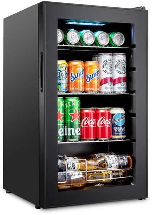 Ivation 101 Can Beverage Refrigerator | Freestanding Ultra Cool Mini Drink Fridge | Beer, Cocktails, Soda, Juice Cooler for Home & Office | Reversible Glass Door & Adjustable Shelving - Black