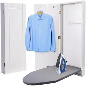 Ivation Wall-Mounted Ironing Board Cabinet, Foldable Ironing Storage Station for Home, Apartment , Easy-Release Lever, Garment Hooks, White