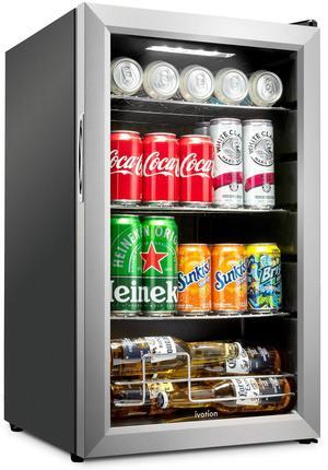 Ivation 101 Can Beverage Refrigerator | Freestanding Ultra Cool Mini Drink Fridge | Beer, Cocktails, Soda, Juice Cooler for Home & Office | Reversible Glass Door & Adjustable Shelving, Stainless Steel