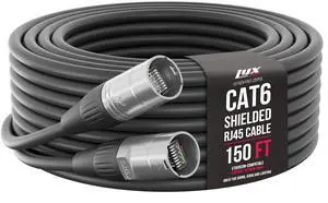 LyxPro 150 Feet Shielded CAT6 Ethercon Cable - Professional Audio & Lighting RJ45 Cable, Studio-Grade Sound Transmission, Extreme Durability - Black