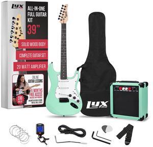LyxPro 39 inch Electric Guitar Kit Bundle with 20w Amplifier, All Accessories, Digital Clip On Tuner, Six Strings, Two Picks, Tremolo Bar, Shoulder Strap, Case Bag Starter kit Full Size - Green