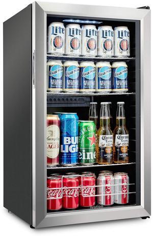 Ivation 126 Can Beverage Refrigerator | Freestanding Ultra Cool Mini Drink Fridge | Beer, Cocktails, Soda, Juice Cooler for Home & Office | Reversible Glass Door & Adjustable Shelving, Stainless Steel