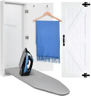 Ivation Wall-Mounted Ironing Board Cabinet with Farmhouse Door, Foldable Ironing Storage Station for Home, Apartment & Small Spaces, Easy-Release Lever, White