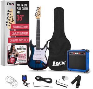 LyxPro 36 Inch Electric Guitar and Kit for Kids with 3/4 Size Beginners Guitar, Amp, Six Strings, Two Picks, Shoulder Strap, Digital Clip On Tuner, Cable and Soft Case Gig Bag - Blue