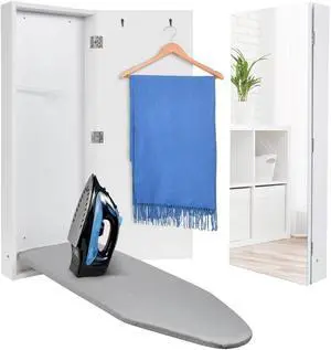 Ivation Wall-Mounted Ironing Board Cabinet, Foldable Ironing Storage Station for Home, Apartment , Easy-Release Lever, Garment Hooks, with Full Mirror Door, White