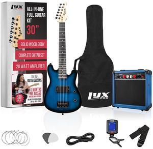 LyxPro 30 Inch Electric Guitar and Starter Kit for Kids with 3/4 Size Beginners Guitar, Amp, Six Strings, Two Picks, Shoulder Strap, Digital Clip On Tuner, Guitar Cable and Soft Case Gig Bag - Blue