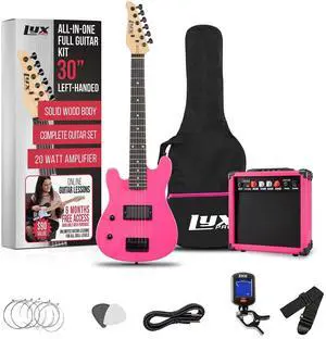 LyxPro Left Hand 30 Inch Electric Guitar Kit for Lefty Kids 3/4 Size Beginners Guitar, Amp, Six Strings, Two Picks, Shoulder Strap, Digital Clip On Tuner, Guitar Cable and Soft Case Gig Bag - Pink