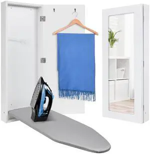Ivation Wall-Mounted Ironing Board Cabinet With Mirror, Foldable Ironing Storage Station for Home, Apartment , Easy-Release Lever, Garment Hooks, White