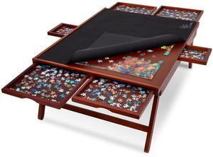 Jumbl 1500-Piece Puzzle Board Rack w/ Cover | 27 x 35 Jigsaw Puzzle Table w/ Legs 6 Removable Storage Sorting Drawers | Smooth Plateau Fiberboard Work Surface & Reinforced Hardwood | Games & Puzzles