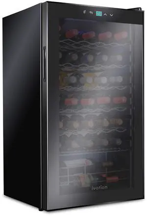 Ivation 34 Bottle Compressor Wine Cooler Refrigerator | Large Freestanding Wine Cellar For Red, White, Champagne or Sparkling Wine | 41f - 64f Touch Digital Temperature Control Fridge Glass Door Black
