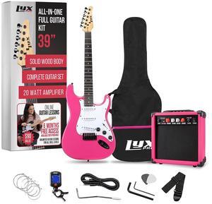 LyxPro 39" inch Full Size Electric Guitar with 20w Amp, Package Includes All Accessories, Digital Tuner, Strings, Picks, Tremolo Bar, Shoulder Strap, and Case Bag Complete Beginner Starter kit - Pink