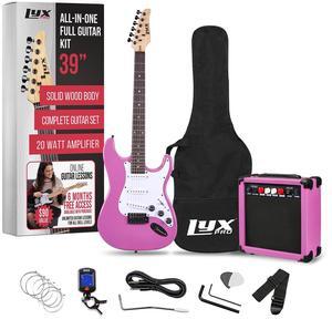 LyxPro 39 inch Electric Guitar Kit Bundle with 20w Amplifier, All Accessories, Digital Clip On Tuner, Six Strings, Two Picks, Tremolo Bar, Shoulder Strap, Case Bag Starter kit Full Size - Retro Purple