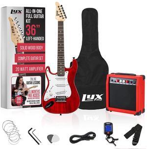 LyxPro Left Hand 36 Inch Electric Guitar and Kit for Lefty Kids with 3/4 Size Beginners Guitar, Amp, Six Strings, Two Picks, Shoulder Strap, Digital Clip On Tuner, Cable and Soft Case Gig Bag - Red