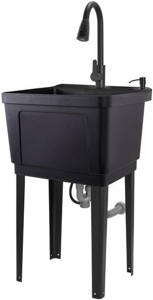 Jumbl Freestanding Utility Sink with Pull-Down Faucet | Laundry Room Tub with Gooseneck Sprayer, Single Handle Flow Control, Soap Dispenser, Drain Plug & Heavy-Duty Iron Legs with Levelers | Black