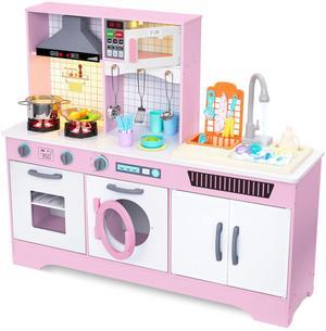 Lil' Jumbl Kids Wooden Pink Color Kitchen Set, Pretend Working Sink with Real Running Water, Includes Range Hood, Microwave & Stove Top That Make Realistic Sound & Light, Full Accessory Set Included