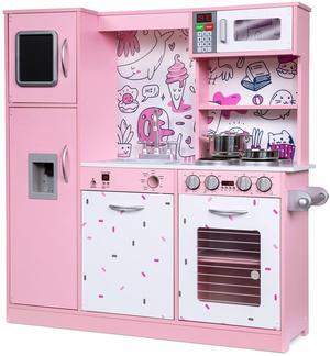 Lil' Jumbl Kids Kitchen Set, Pretend Wooden Play Kitchen, Battery Operated Icemaker & Microwave with Realistic Sound, Pots & Pan Included - Pink