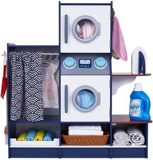 Lil Jumbl kids Washer and Dryer Playset, Wooden Children's Pretend Laundry Set, Includes Broom, Dustpan, Iron, Hangers & Basket, Realistic Laundry Room for Kids