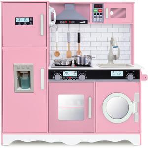 Lil Jumbl Kids Pink Kitchen Set, Pretend Wooden Play Kitchen, Battery Operated Icemaker, Microwave, Range Hood, Stove Top, Oven, with Realistic Sound & Lights, Pots, Pan, & Utensils Included