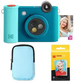 KODAK Smile+ 2-in-1 Digital Instant Print Camera & Wireless Bluetooth Photo Printer Starter Bundle + Deluxe Case + Zink 20pk Sticky-Back Photo Paper - 10MP, Special-Effect Rotating Lens - Blue