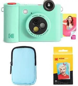 KODAK Smile+ 2-in-1 Digital Instant Print Camera & Wireless Bluetooth Photo Printer Starter Bundle + Deluxe Case + Zink 20pk Sticky-Back Photo Paper - 10MP, Special-Effect Rotating Lens - Green