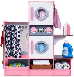 Lil Jumbl Kids Washer and Dryer Playset, Wooden Children's Pretend Laundry Set, Includes Broom, Dustpan, Iron, Hangers & Basket, Realistic Laundry Room for Kids - Pink