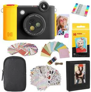 KODAK Smile+ 2-in-1 Digital Instant Print Camera & Photo Printer Gift Bundle + Case + Zink 2x3" Sticky Back Photo Paper 20pk + Album + Sticker Sets + Sticker Frames + Hanging Frames + Markers - Black