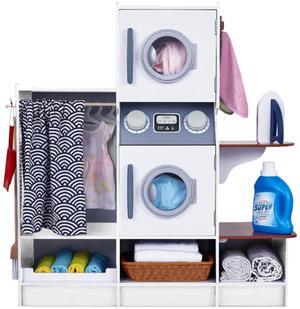 Lil Jumbl Kids Washer and Dryer Playset, Wooden Children's Pretend Laundry Set, Includes Broom, Dustpan, Iron, Hangers & Basket, Realistic Laundry Room for Kids - White