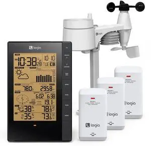 Logia 5-in-1 Indoor/Outdoor Weather Station + 3 Pack Indoor Hygro-Thermo Sensors | Remote Monitoring System w/PC Connect | Temperature, Humidity, Wind Speed/Direction, Rain & More