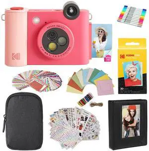 KODAK Smile+ 2-in-1 Digital Instant Print Camera & Printer Gift Bundle + Case + Zink 2x3" Sticky Back Photo Paper 20pk + Album + Sticker Sets + Sticker Frames + Hanging Frames + Markers - Fuchsia