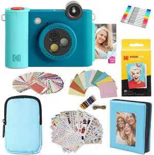 KODAK Smile+ 2-in-1 Digital Instant Print Camera & Photo Printer Gift Bundle + Case + Zink 2x3" Sticky Back Photo Paper 20pk + Album + Sticker Frames + Hanging Frames + Sticker Sets + Markers - Blue