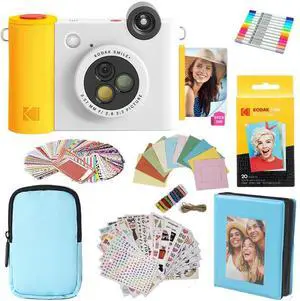KODAK Smile+ 2-in-1 Digital Instant Print Camera & Photo Printer Gift Bundle + Case + Zink 2x3" Sticky Back Photo Paper 20pk + Album + Sticker Frames + Hanging Frames + Sticker Sets + Markers - White