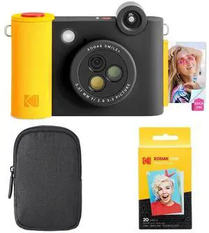 KODAK Smile+ 2-in-1 Digital Instant Print Camera & Wireless Bluetooth Photo Printer Starter Bundle + Carrying Case + Zink 20pk Sticky-Back Photo Paper - 10MP, Special-Effect Rotating Lens - Black