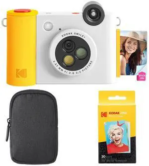 KODAK Smile+ 2-in-1 Digital Instant Print Camera & Wireless Bluetooth Photo Printer Starter Bundle + Carrying Case + Zink 20pk Sticky-Back Photo Paper - 10MP, Special-Effect Rotating Lens - White