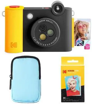KODAK Smile+ 2-in-1 Digital Instant Print Camera & Wireless Bluetooth Photo Printer Starter Bundle + Deluxe  Case + Zink 20pk Sticky-Back Photo Paper - 10MP, Special-Effect Rotating Lens - Black