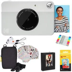 Kodak Printomatic Instant Camera (Grey) Gift Bundle + Zink Paper (20 Sheets) + Deluxe Case + 7 Fun Sticker Sets + Twin Tip Markers + Photo Album.