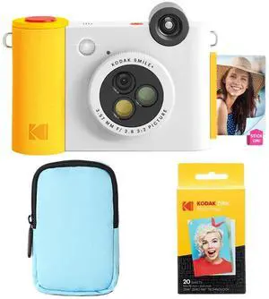KODAK Smile+ 2-in-1 Digital Instant Print Camera & Wireless Bluetooth Photo Printer Starter Bundle + Deluxe Case + Zink 20pk Sticky-Back Photo Paper - 10MP, Special-Effect Rotating Lens - White
