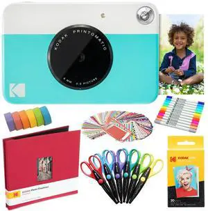 Kodak Printomatic Instant Camera (Blue) Art Bundle + Zink Paper (20 Sheets) + 8x8 Cloth Scrapbook + 12 Twin Tip Markers + 100 Border Stickers + 6 Decorative Scissors + Washi Tape