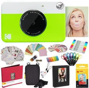 Kodak Printomatic Instant Camera (Green) All-In-Bundle + Zink Paper (20 Sheets) + Deluxe Case + Photo Album + 7 Unique Sticker Sets + Markers + Scissors + Border Stickers and So Much More